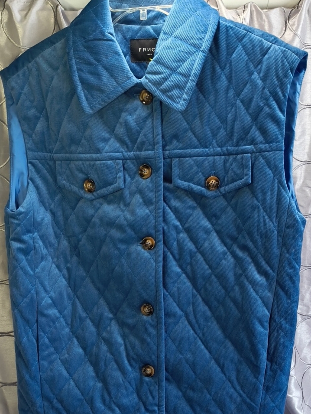 FRNCH Quilted Sleeveless Button-Front Vest in Bright Blue Size M AF